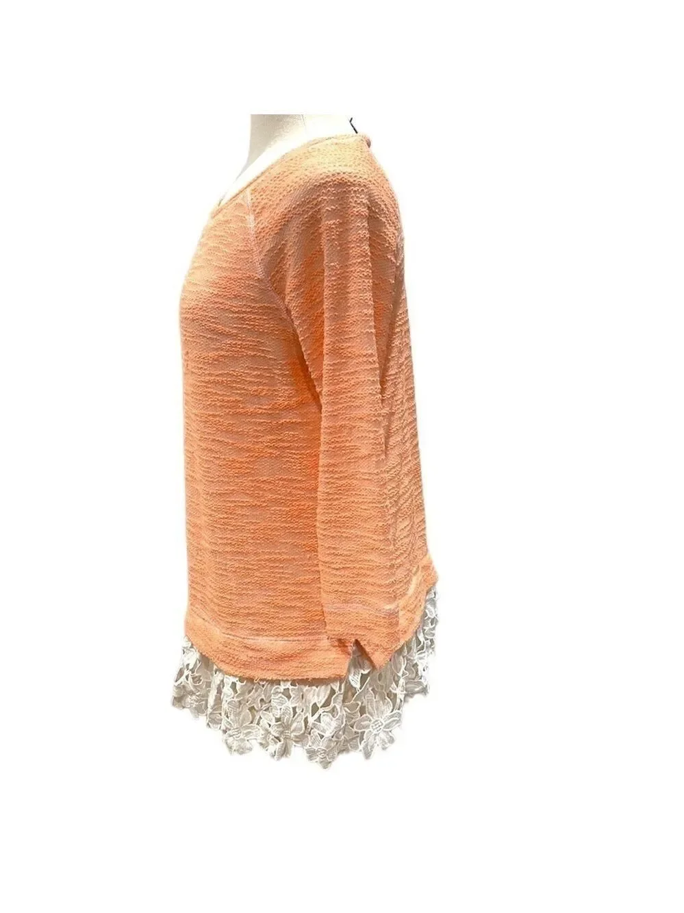 Anthropologie Sunday In Brooklyn 3/4 Sleeve Textured Top Lace Hem SZ M Orange